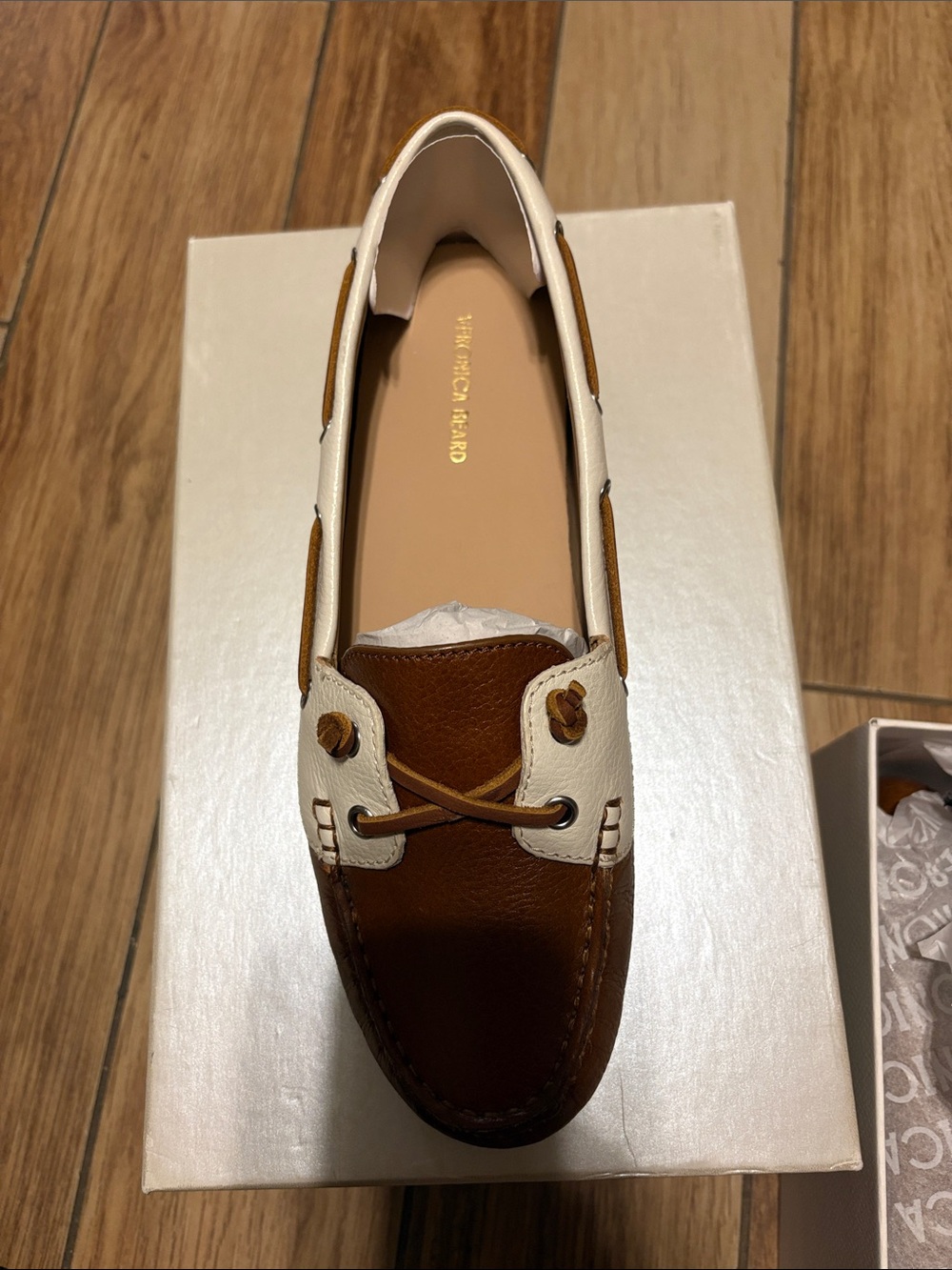 Veronica Beard Brown and White Leather Boat Loafers